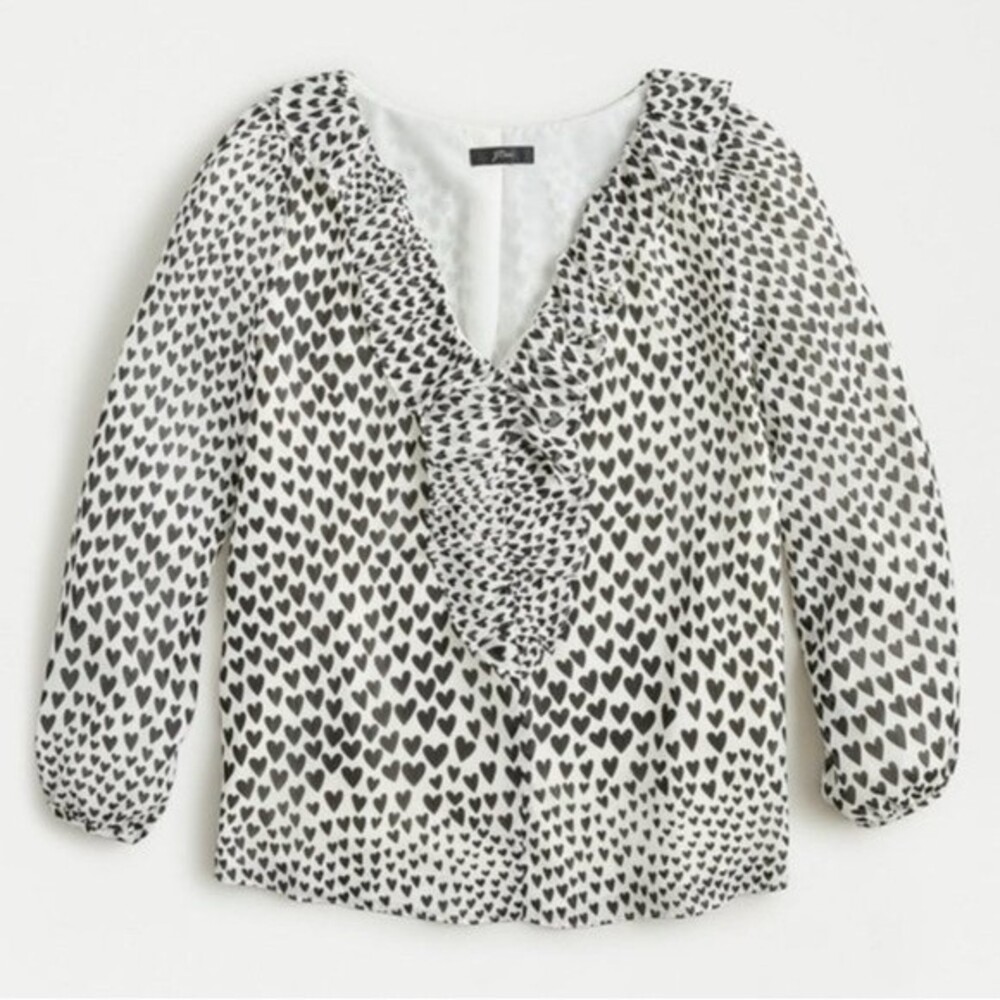 J‎ Crew Ruffle-trim V-neck heart print blouse